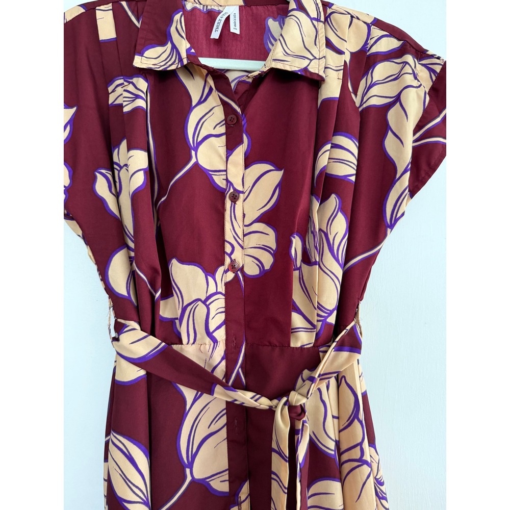 Truly 4 You Burgundy Floral Button Down Shirt Dress with Belt Womens Medium